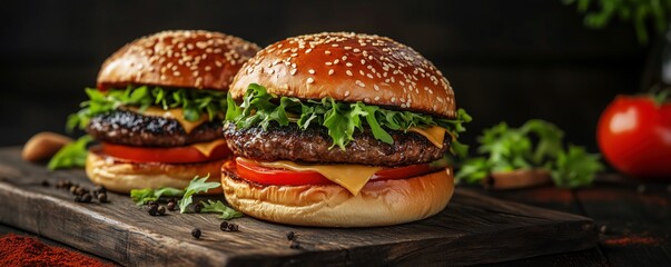 two delicious burgers featuring sesame seed buns, juicy beef patties, cheddar cheese, lettuce, and t