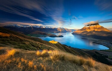 Poster - A panoramic view of a lake nestled between snow-capped mountains, with a single cloud illuminating the peak.
