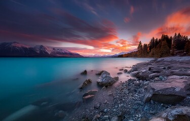 Poster - A vibrant sunset paints the sky over a calm lake reflecting the colors of the sky. Mountains in the distance and a rocky shore.
