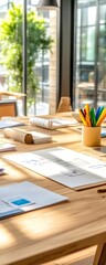 Poster - Wooden Desk with Papers, Pens and Sunlight.