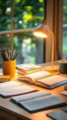 Poster - Open Notebook on Desk with Lamp and Pencils.