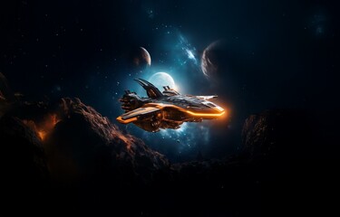 Poster - A futuristic spaceship flies through a dark, starry expanse with a glowing orange light.