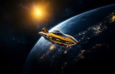Poster - A yellow spaceship flies in orbit around a blue planet with a bright sun in the distance, surrounded by a dark, starry sky.