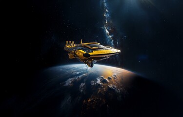 Poster - A futuristic spacecraft hovers over a planet in the vastness of space, a band of stars visible in the distance.