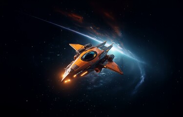 Poster - A futuristic orange spaceship flies through the vast darkness of space, surrounded by twinkling stars and a swirling nebula.