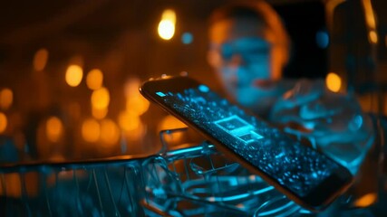 Poster - Businessperson Using Smartphone for Online Shopping in Digital Cart Innovative eCommerce Concept Bright Bokeh Background