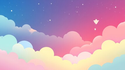 Wall Mural - Pastel pink 3d rendered paper clouds and stars floating in a soft sky background, perfect for dreamy and whimsical designs, childlike