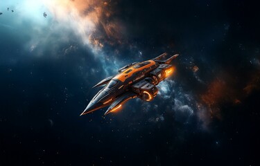Poster - A spaceship, lit by the glow of its thrusters, flies through a dark, starry expanse.