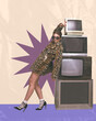 © master1305 - Stylish woman in leopard print coat, leaning against stack of retro TVs. Bold 90s look, blending style with retro tech. Contemporary art collage. Concept of y2k art, generation, youth culture, fashion