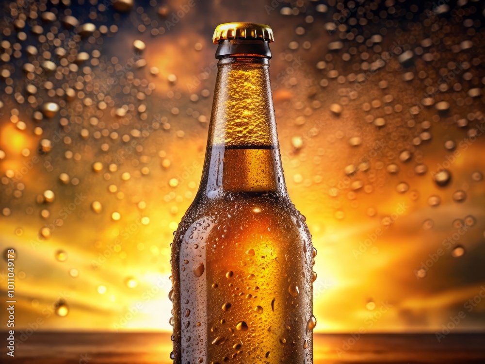 A side view of a beer bottle adorned with water droplets, isolated for showcasing refreshing beverages, ideal for