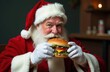 © ilyaska - Santa claus enjoying a tasty burger in christmas decorated room