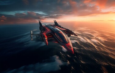Poster - A futuristic red and black spaceship flies over dark water at sunset.