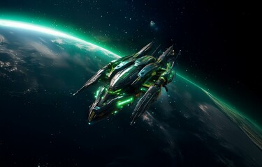 Poster - A futuristic spaceship with glowing green lights orbits a planet with a green aurora.