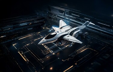 Poster - A futuristic white spaceship hovers over a dark, grid-like surface with glowing lights.