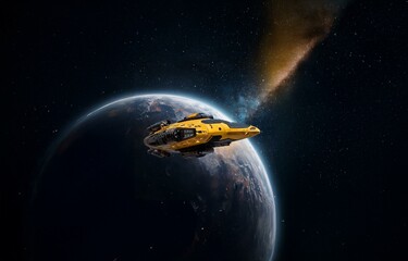 Poster - A yellow spaceship orbits a blue and green planet, with a streak of light behind it.
