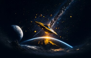 Poster - A yellow spaceship soars past a planet as it passes through an asteroid field.