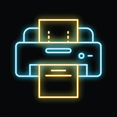 Poster - Bright glowing neon printer printing a document icon on a black background