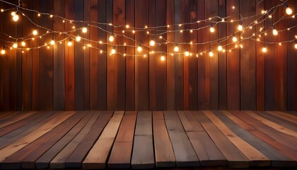 Sticker - Charming Rustic Wooden Background Adorned with Twinkling String Lights and Stylish Tabletop Decor