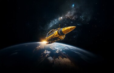 Poster - A yellow spaceship flies past a blue and green planet with a bright light in the background.