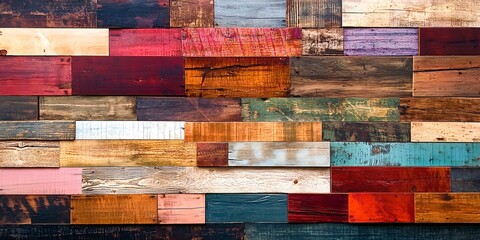 Wall Mural - Colorful wooden planks arranged in a patchwork pattern.