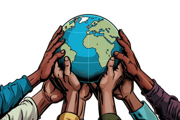 Wall Mural - png raised five diverse hands with a globe behind them planet space togetherness.