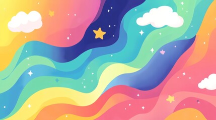 Wall Mural - abstract kawaii colorful sky rainbow background with soft gradient pastel shades, playful comic grap