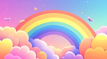 Poster - Abstract kawaii colorful sky rainbow background with soft gradient pastel shades, playful comic graphic style, perfect for wedding card designs, digital presentations, and whimsical themed decor eleme