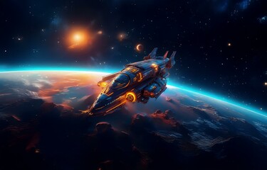 Poster - A spaceship flies through the cosmos, passing a planet with a vibrant blue atmosphere and a reddish surface.
