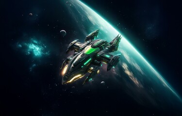 Poster - A futuristic spaceship, sleek and black with green accents, flies past a planet with a bright blue atmosphere.