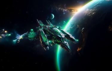 Poster - A futuristic spaceship flies past a blue and green planet.
