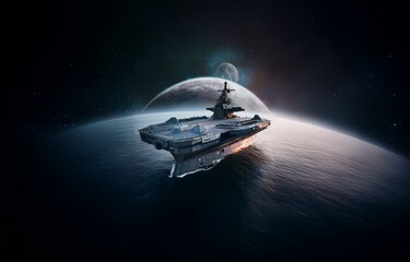 Poster - A futuristic spaceship flies over a dark ocean with a planet and stars in the background.