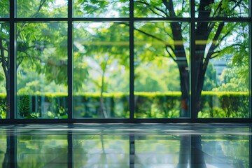 Blurred empty modern office with big windows and green trees