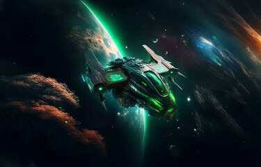 Poster - A futuristic spaceship flies through the dark expanse of space, passing by a planet with a green glow.