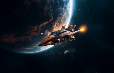 Poster - A futuristic spaceship with orange accents flies past a planet in a dark space filled with stars.