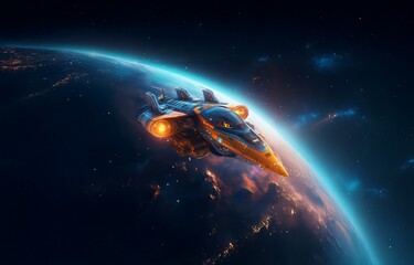 Poster - A futuristic spaceship with glowing orange thrusters flies near a planet with a glowing blue atmosphere,  against a dark starry background.