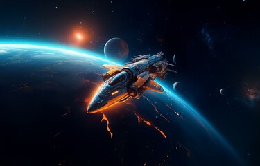 Poster - A futuristic spacecraft flies past a blue planet with a fiery orange trail.