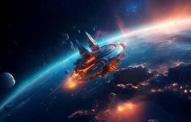 Poster - A futuristic spaceship soars over a blue planet with glowing lights and a moon in the background.