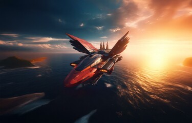Poster - A futuristic spaceship with wings flies over a vast ocean at sunset.