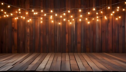 Poster - Charming Rustic Wooden Background Adorned with Twinkling String Lights and Stylish Tabletop Decor