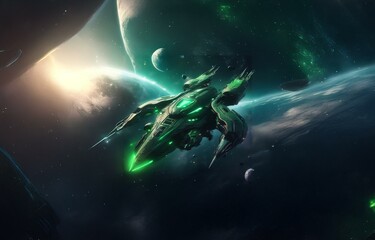 Poster - A futuristic spaceship flies through a nebula with glowing green gas.