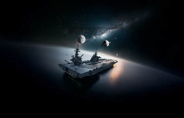 Poster - A futuristic spaceship, possibly an aircraft carrier, floats above a planet's surface with a ringed planet and moon in the background.