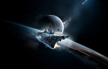 Poster - A futuristic warship sails over the Earth's horizon in space.