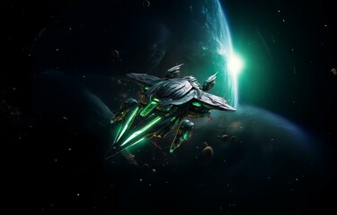 Poster - A futuristic spaceship with glowing green accents flies past a large, blue and green planet in a dark space dotted with stars and asteroids.
