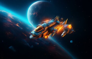 Poster - A spaceship flies through space with a large planet in the background.