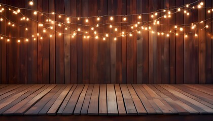 Sticker - Charming Rustic Wooden Background Adorned with Twinkling String Lights and Stylish Tabletop Decor