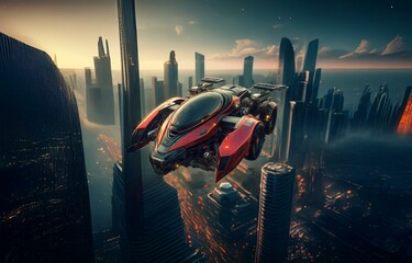 Canvas Print - A futuristic red vehicle flies over a towering city skyline as the sun rises.