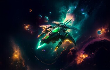 Poster - A spaceship flies through a galaxy of stars, planets, and nebulae.