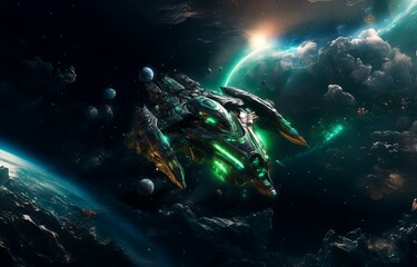 Poster - A futuristic spacecraft soars through a vast, dark expanse of space, with a planet and distant stars in the background.