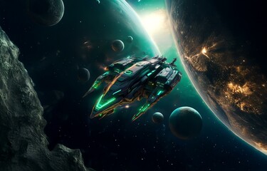Poster - A futuristic spaceship travels through space, surrounded by planets and stars.