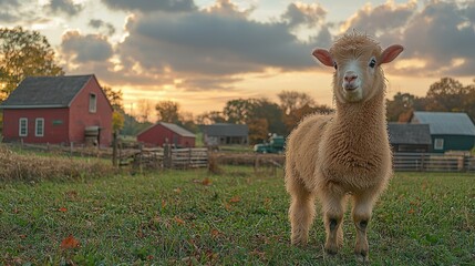 A young goat stands in a vibrant green pasture at sunset on a peaceful farm surrounded by red barns and autumn foliage